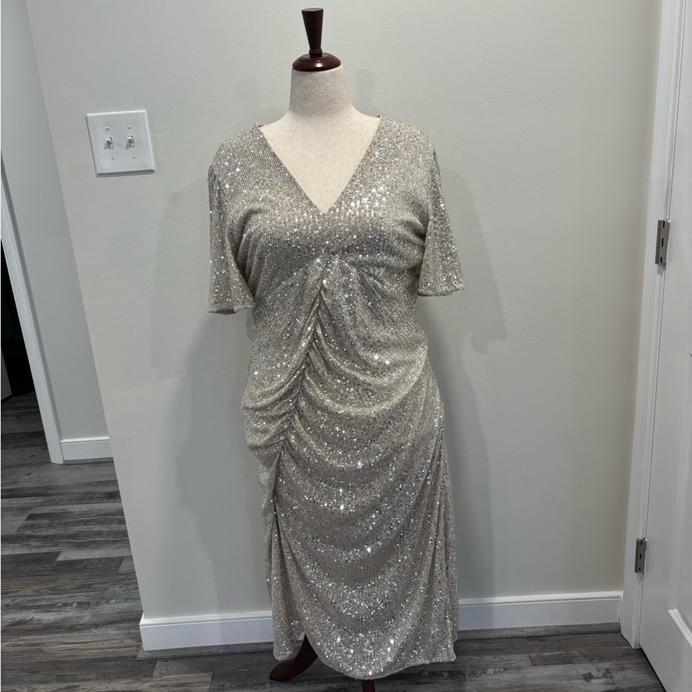 Silver Sequin V-Neck Midi Gown